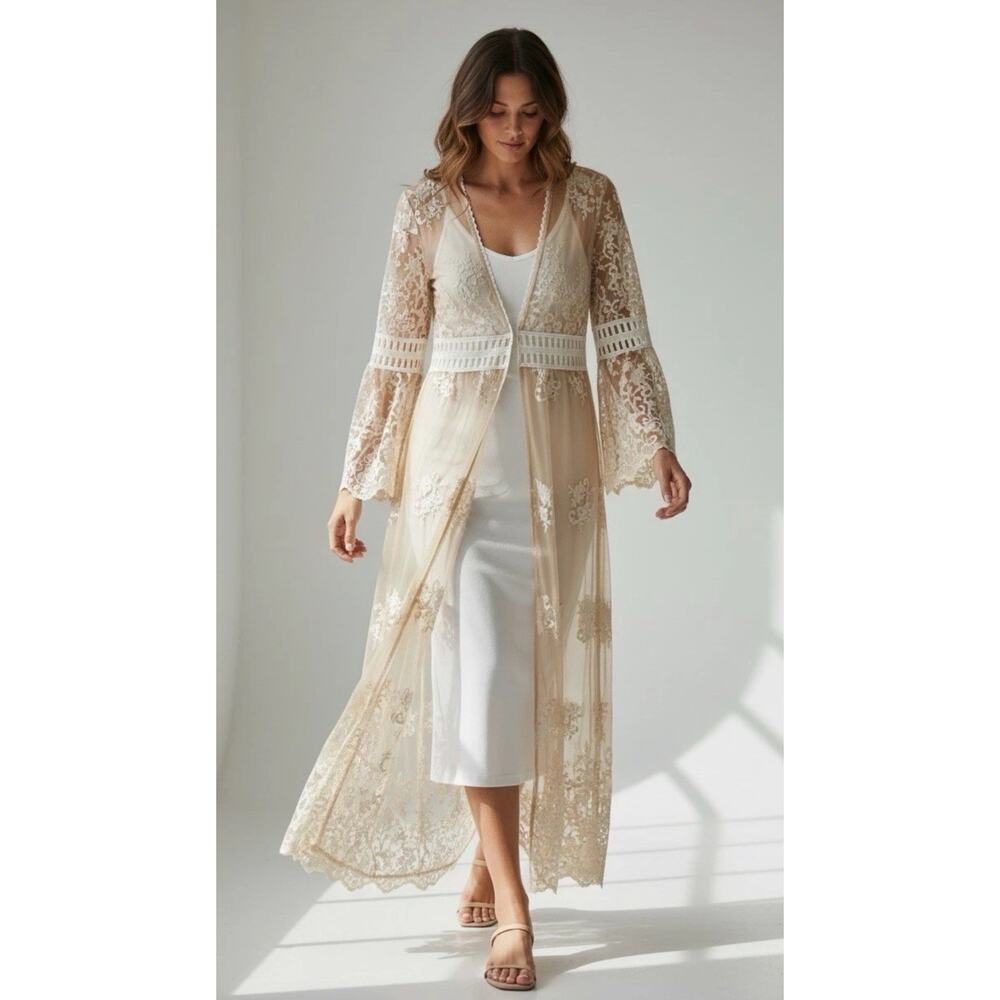 Forever 21 Duster Kimono Lace Small Nude Festival Boho Fairy Long